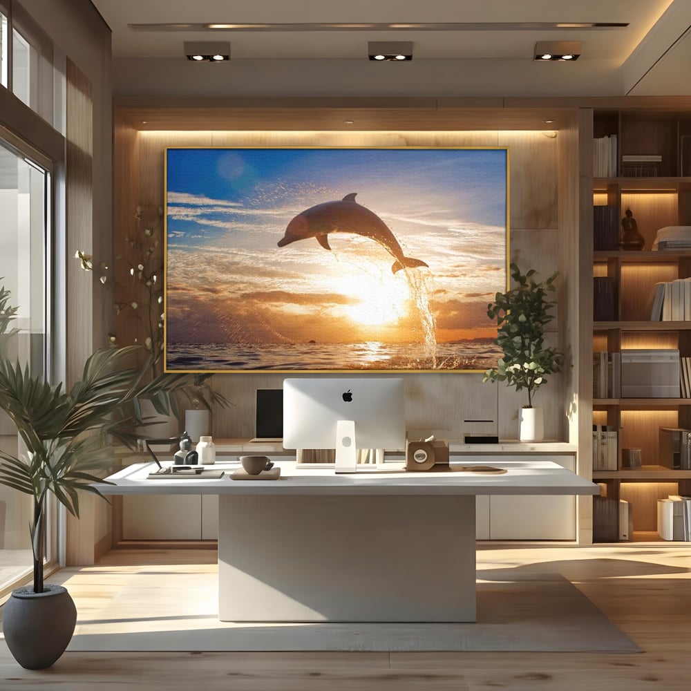 Tablou Canvas Premium, LuxCanva® M1417, Sarutul Soarelui, Delfin, Salt, Valuri, Apa, Ocean, Apus, Energie, Viata, Joaca, Libertate, Mamifer, Birou, Living, Camera Copil