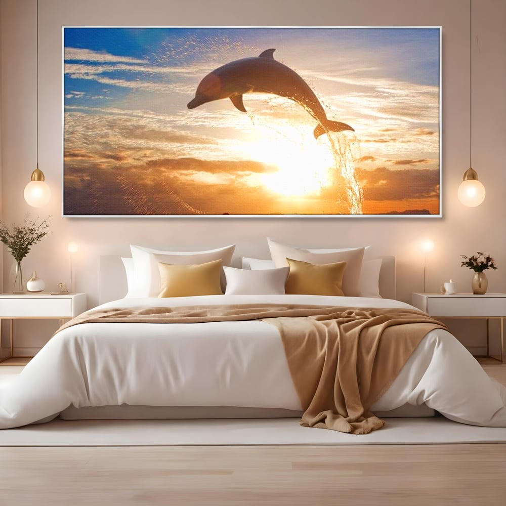 Tablou Canvas Premium, LuxCanva® M1417, Sarutul Soarelui, Delfin, Salt, Valuri, Apa, Ocean, Apus, Energie, Viata, Joaca, Libertate, Mamifer, Birou, Living, Camera Copil