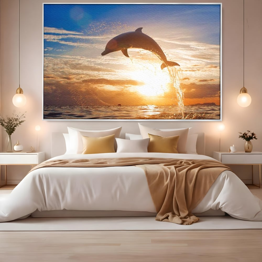 Tablou Canvas Premium, LuxCanva® M1417, Sarutul Soarelui, Delfin, Salt, Valuri, Apa, Ocean, Apus, Energie, Viata, Joaca, Libertate, Mamifer, Birou, Living, Camera Copil