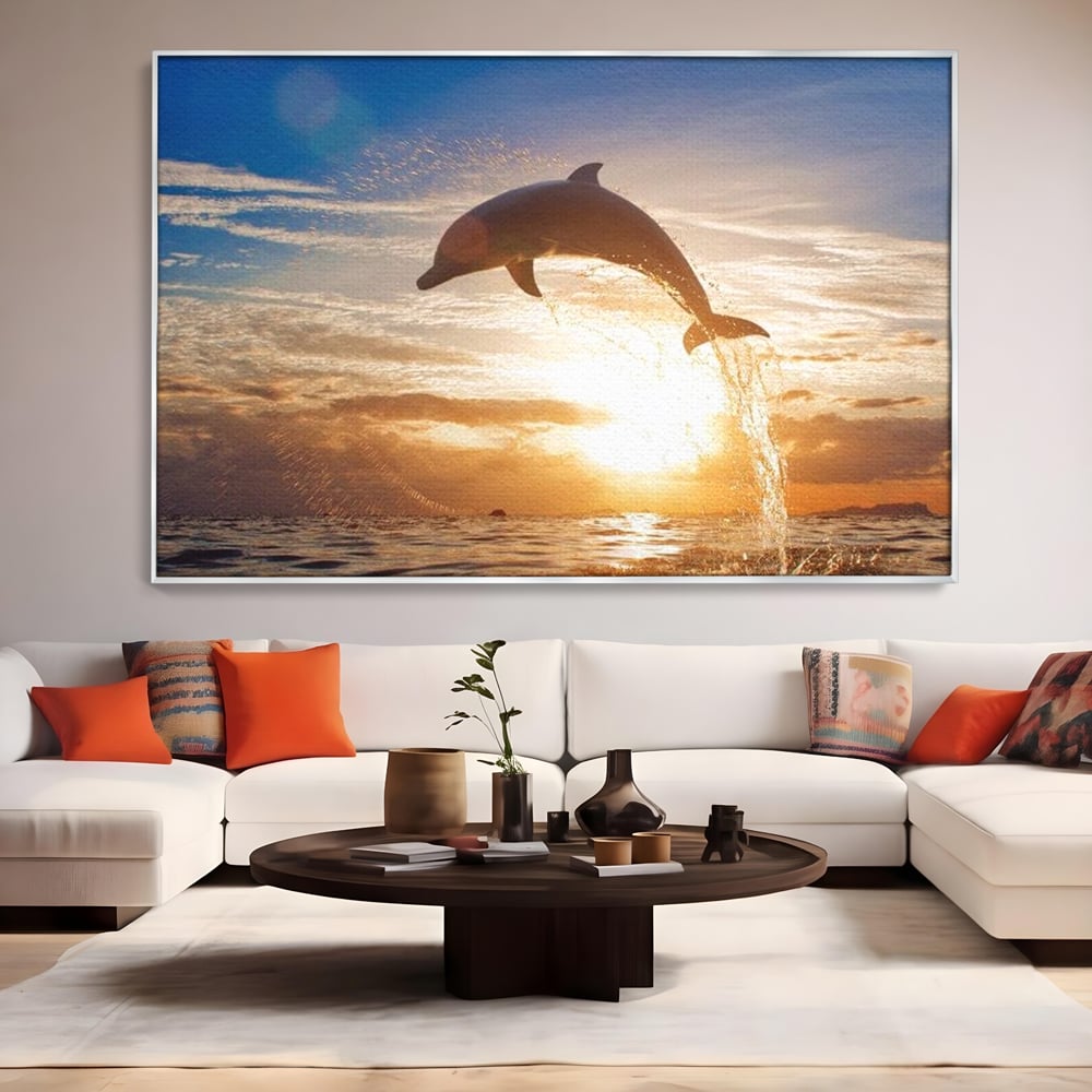 Tablou Canvas Premium, LuxCanva® M1417, Sarutul Soarelui, Delfin, Salt, Valuri, Apa, Ocean, Apus, Energie, Viata, Joaca, Libertate, Mamifer, Birou, Living, Camera Copil