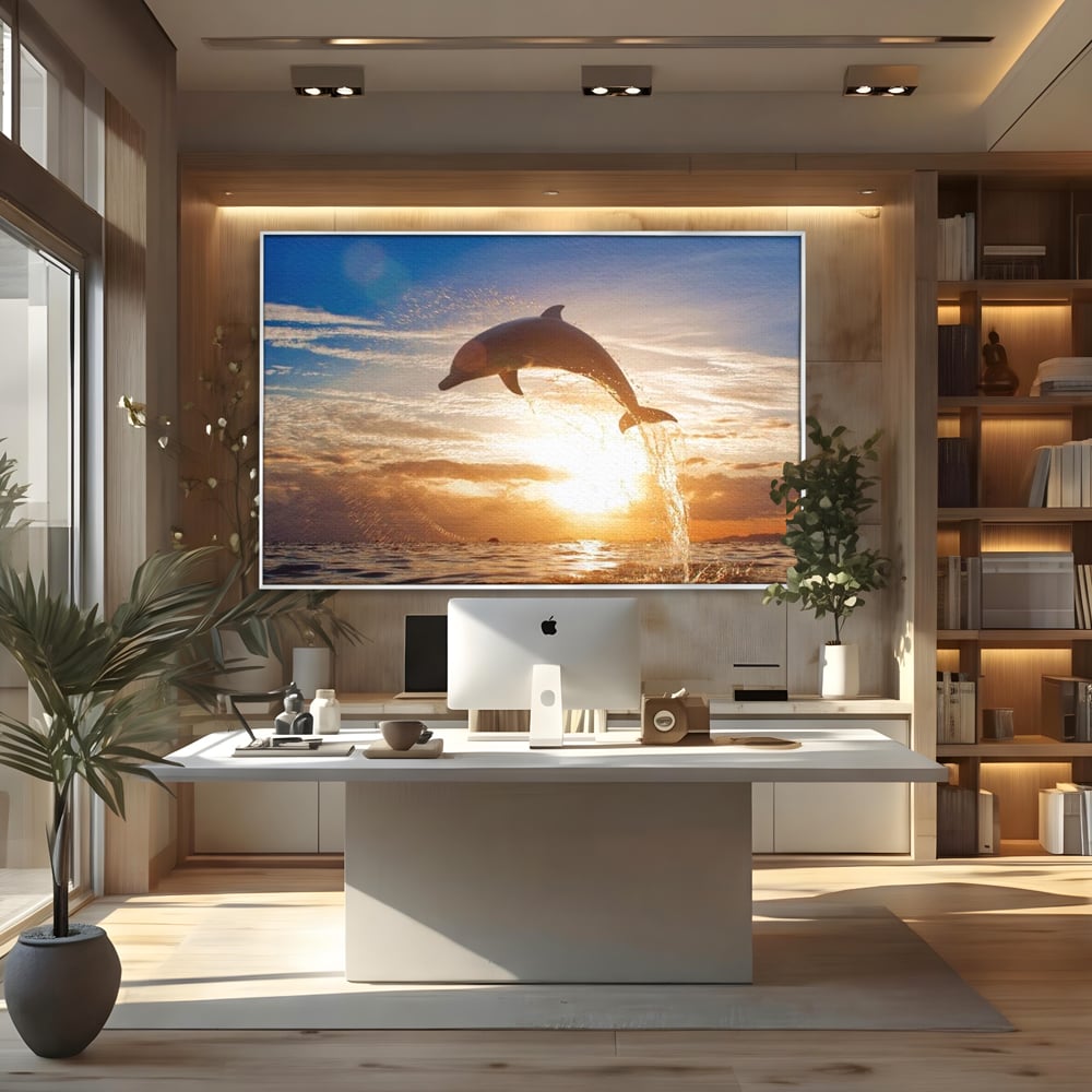 Tablou Canvas Premium, LuxCanva® M1417, Sarutul Soarelui, Delfin, Salt, Valuri, Apa, Ocean, Apus, Energie, Viata, Joaca, Libertate, Mamifer, Birou, Living, Camera Copil