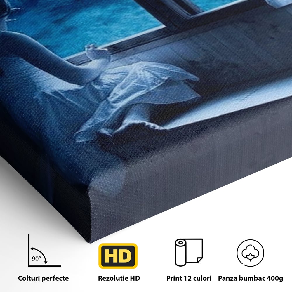 Leinwand Wandkunst Canvas Premium, LuxCanva® M1419, Dialog mit dem Ozean, Fenster, Kind, Fisch, Delphin, Aquarium, Neugier, Neugierde, Tief, Faszinierend, Geschichte, Traum, Büro, Wohnzimmer, Kinderzimmer