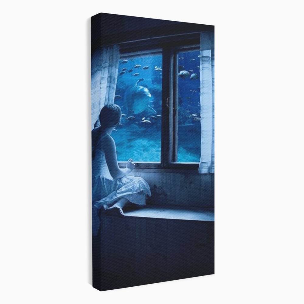 Leinwand Wandkunst Canvas Premium, LuxCanva® M1419, Dialog mit dem Ozean, Fenster, Kind, Fisch, Delphin, Aquarium, Neugier, Neugierde, Tief, Faszinierend, Geschichte, Traum, Büro, Wohnzimmer, Kinderzimmer