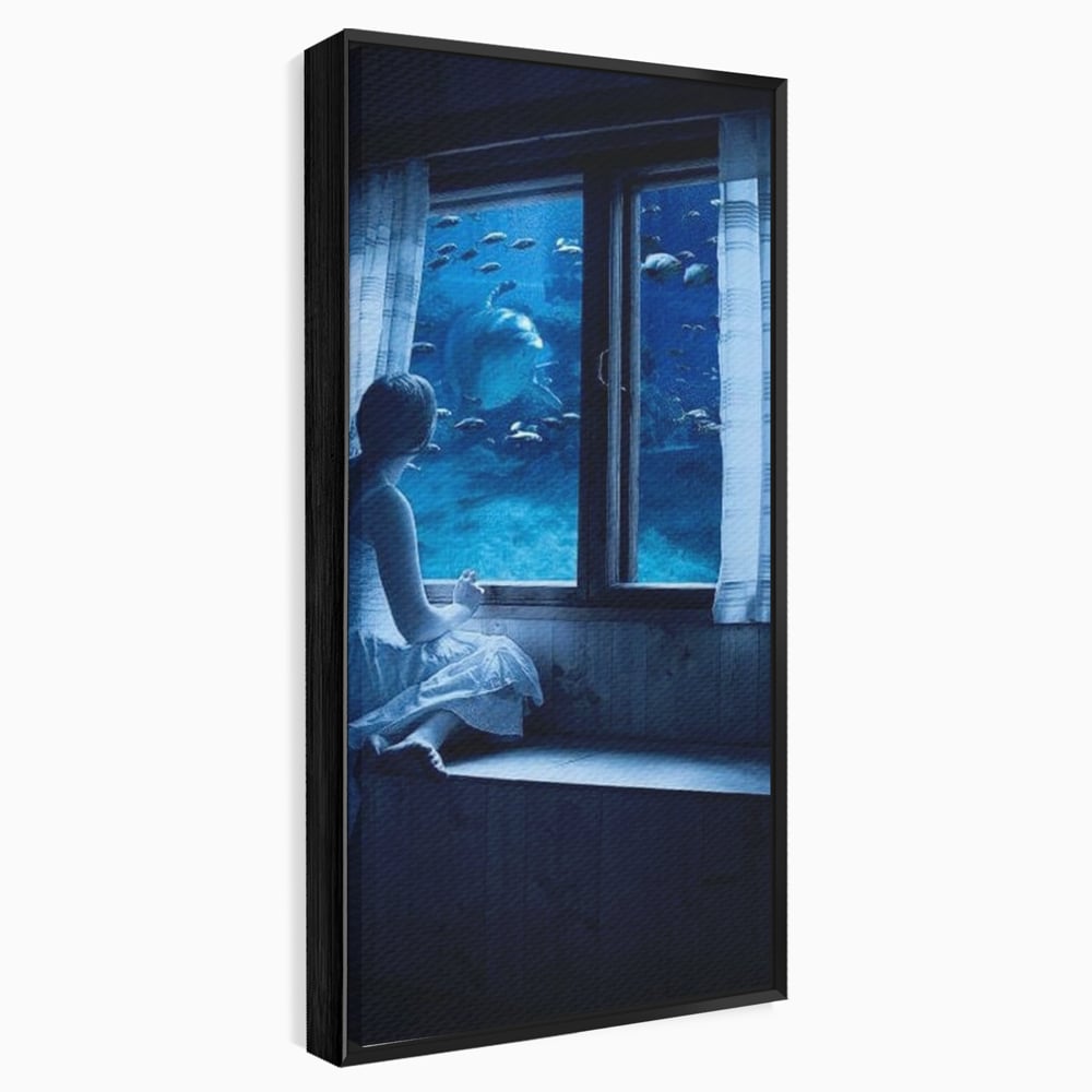 Leinwand Wandkunst Canvas Premium, LuxCanva® M1419, Dialog mit dem Ozean, Fenster, Kind, Fisch, Delphin, Aquarium, Neugier, Neugierde, Tief, Faszinierend, Geschichte, Traum, Büro, Wohnzimmer, Kinderzimmer