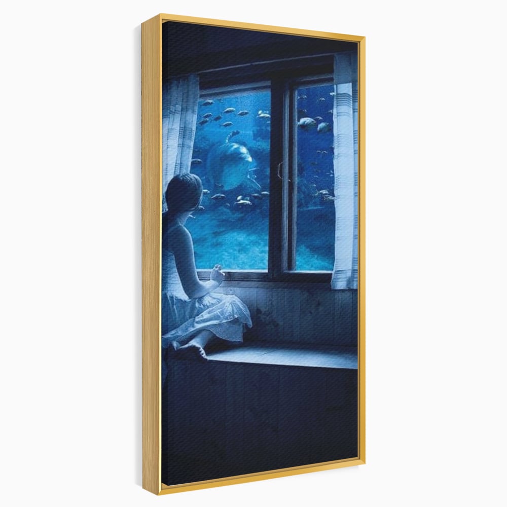 Leinwand Wandkunst Canvas Premium, LuxCanva® M1419, Dialog mit dem Ozean, Fenster, Kind, Fisch, Delphin, Aquarium, Neugier, Neugierde, Tief, Faszinierend, Geschichte, Traum, Büro, Wohnzimmer, Kinderzimmer