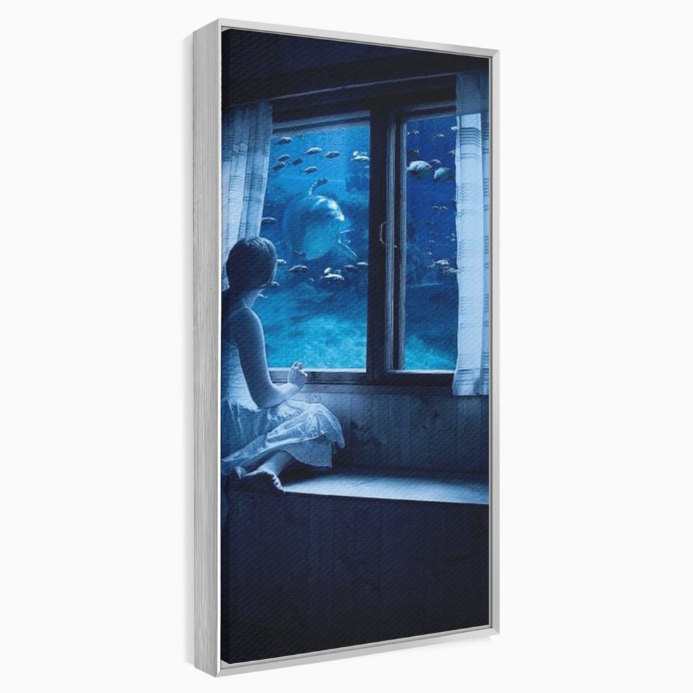 Leinwand Wandkunst Canvas Premium, LuxCanva® M1419, Dialog mit dem Ozean, Fenster, Kind, Fisch, Delphin, Aquarium, Neugier, Neugierde, Tief, Faszinierend, Geschichte, Traum, Büro, Wohnzimmer, Kinderzimmer