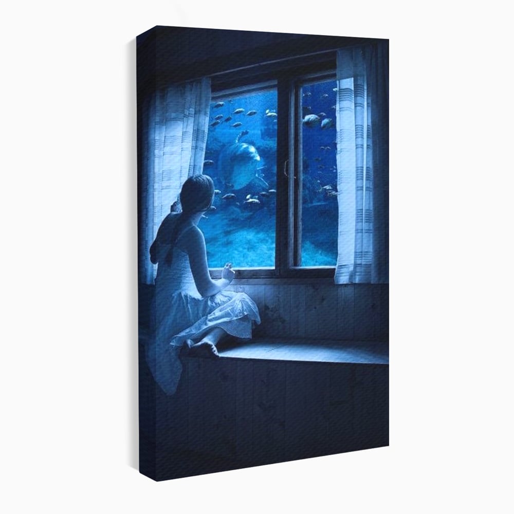 Leinwand Wandkunst Canvas Premium, LuxCanva® M1419, Dialog mit dem Ozean, Fenster, Kind, Fisch, Delphin, Aquarium, Neugier, Neugierde, Tief, Faszinierend, Geschichte, Traum, Büro, Wohnzimmer, Kinderzimmer