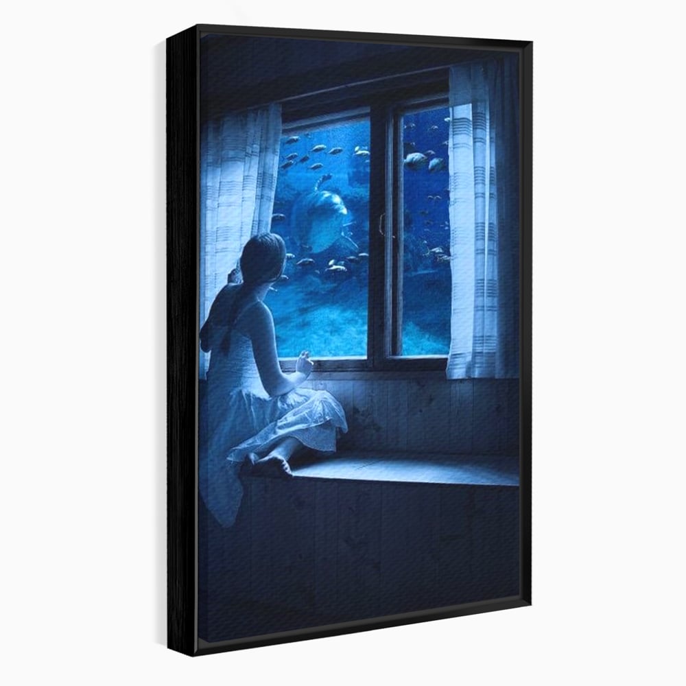 Leinwand Wandkunst Canvas Premium, LuxCanva® M1419, Dialog mit dem Ozean, Fenster, Kind, Fisch, Delphin, Aquarium, Neugier, Neugierde, Tief, Faszinierend, Geschichte, Traum, Büro, Wohnzimmer, Kinderzimmer