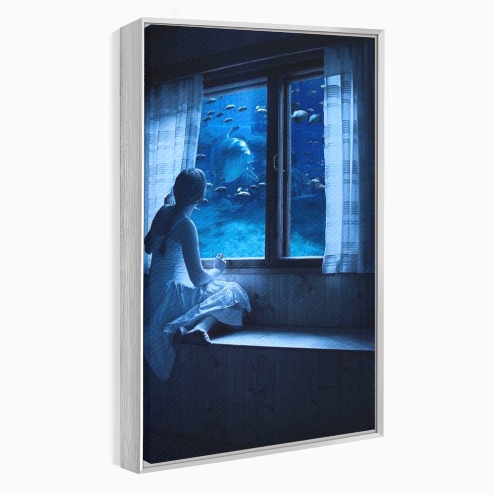 Leinwand Wandkunst Canvas Premium, LuxCanva® M1419, Dialog mit dem Ozean, Fenster, Kind, Fisch, Delphin, Aquarium, Neugier, Neugierde, Tief, Faszinierend, Geschichte, Traum, Büro, Wohnzimmer, Kinderzimmer