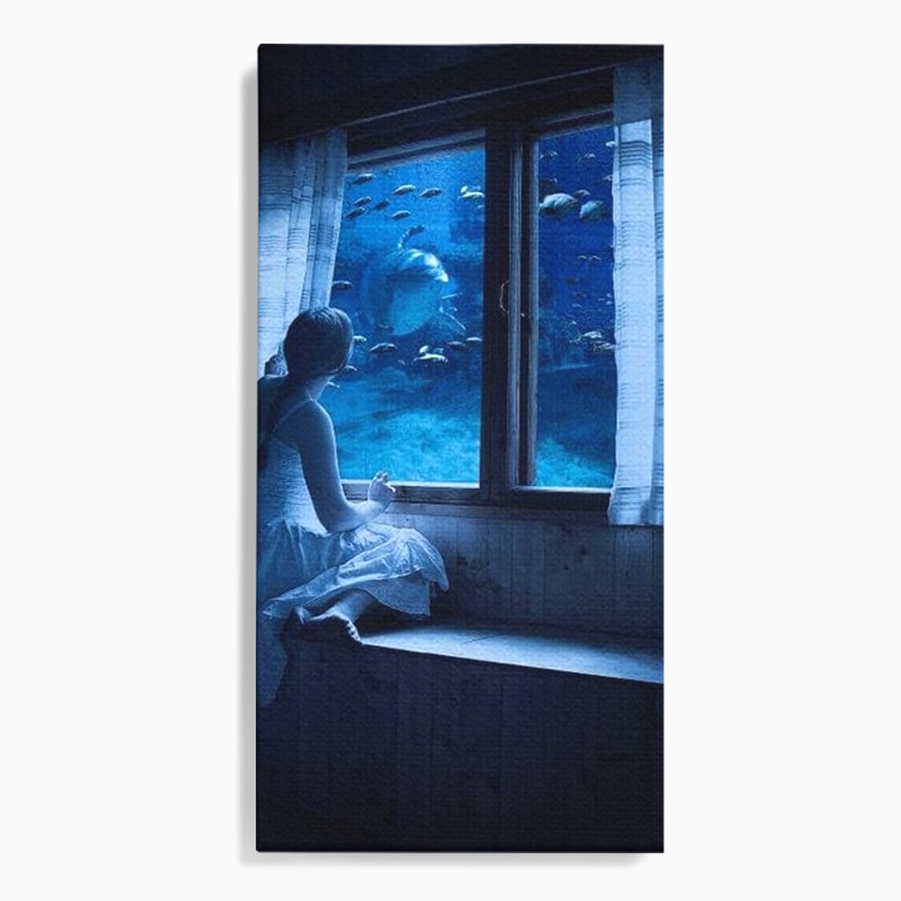 Leinwand Wandkunst Canvas Premium, LuxCanva® M1419, Dialog mit dem Ozean, Fenster, Kind, Fisch, Delphin, Aquarium, Neugier, Neugierde, Tief, Faszinierend, Geschichte, Traum, Büro, Wohnzimmer, Kinderzimmer