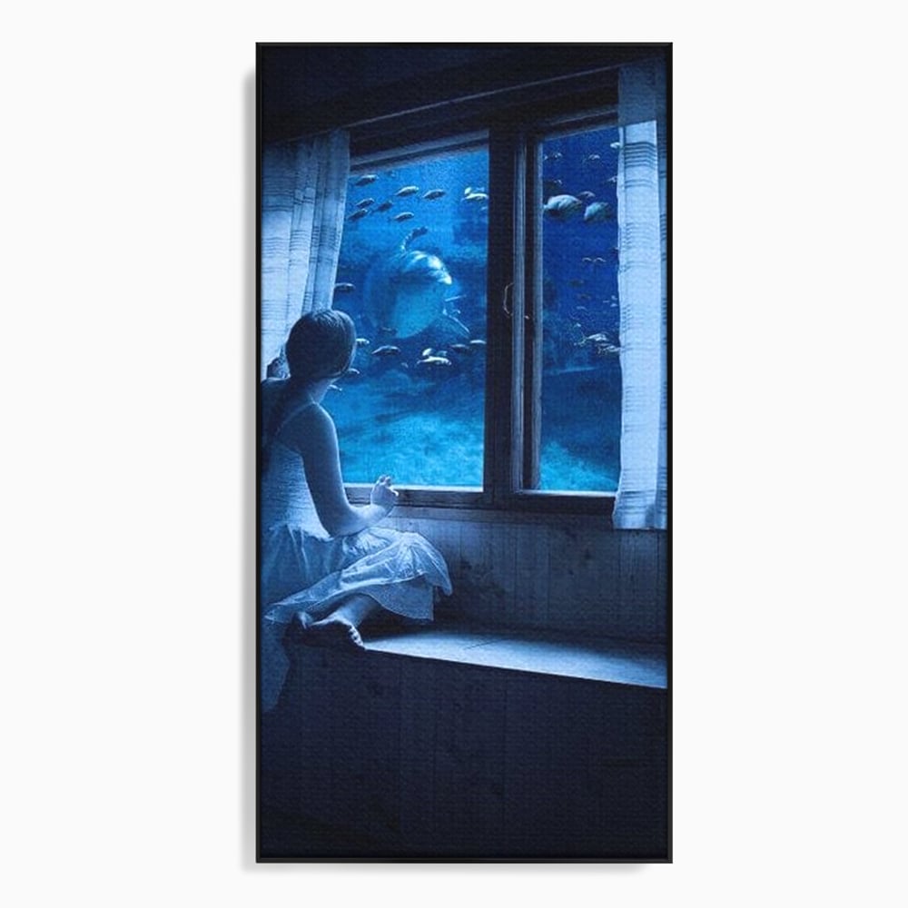 Leinwand Wandkunst Canvas Premium, LuxCanva® M1419, Dialog mit dem Ozean, Fenster, Kind, Fisch, Delphin, Aquarium, Neugier, Neugierde, Tief, Faszinierend, Geschichte, Traum, Büro, Wohnzimmer, Kinderzimmer