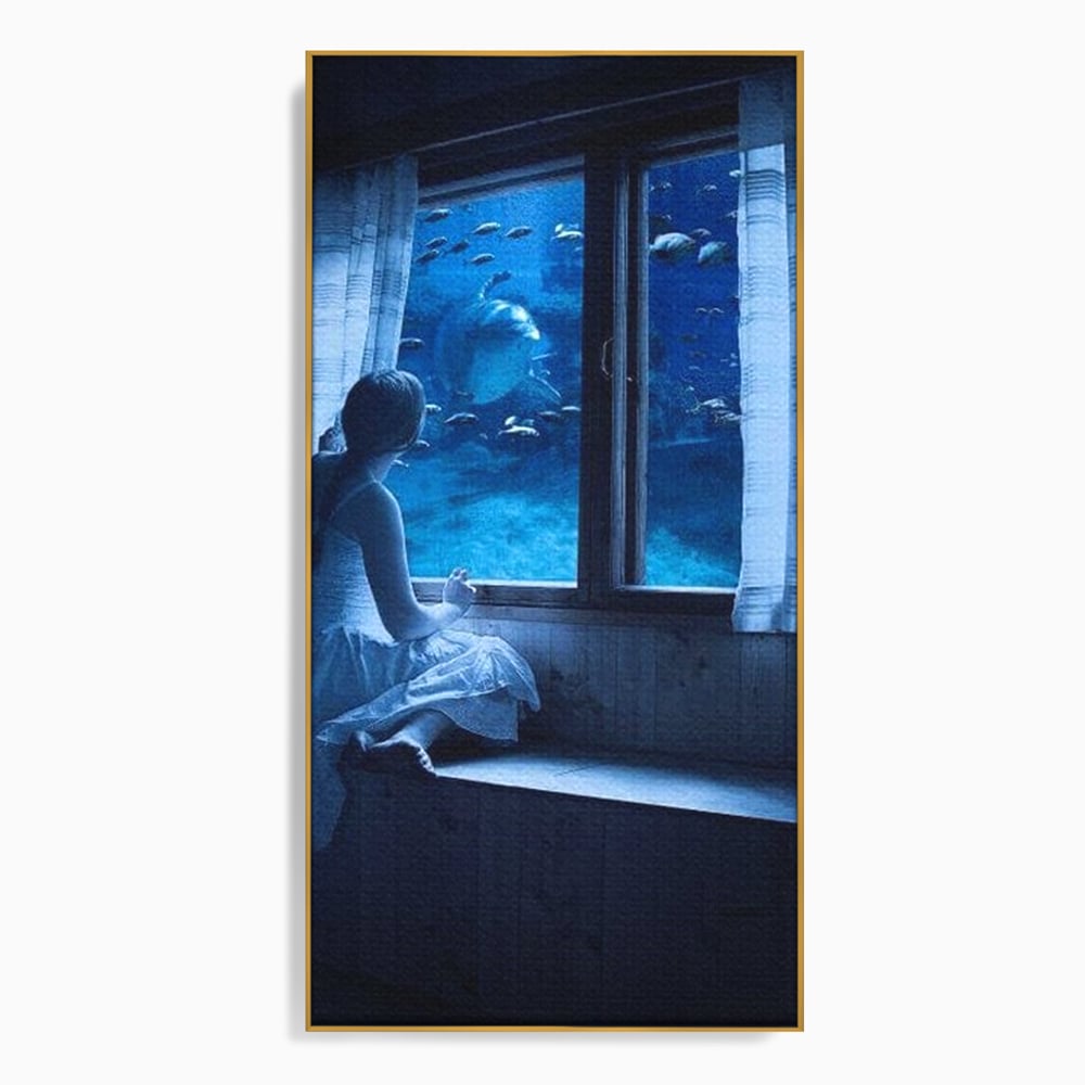 Leinwand Wandkunst Canvas Premium, LuxCanva® M1419, Dialog mit dem Ozean, Fenster, Kind, Fisch, Delphin, Aquarium, Neugier, Neugierde, Tief, Faszinierend, Geschichte, Traum, Büro, Wohnzimmer, Kinderzimmer