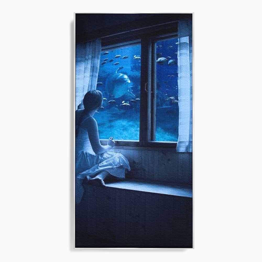 Leinwand Wandkunst Canvas Premium, LuxCanva® M1419, Dialog mit dem Ozean, Fenster, Kind, Fisch, Delphin, Aquarium, Neugier, Neugierde, Tief, Faszinierend, Geschichte, Traum, Büro, Wohnzimmer, Kinderzimmer