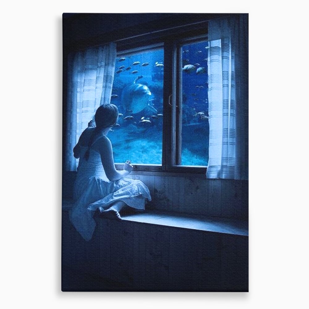 Leinwand Wandkunst Canvas Premium, LuxCanva® M1419, Dialog mit dem Ozean, Fenster, Kind, Fisch, Delphin, Aquarium, Neugier, Neugierde, Tief, Faszinierend, Geschichte, Traum, Büro, Wohnzimmer, Kinderzimmer