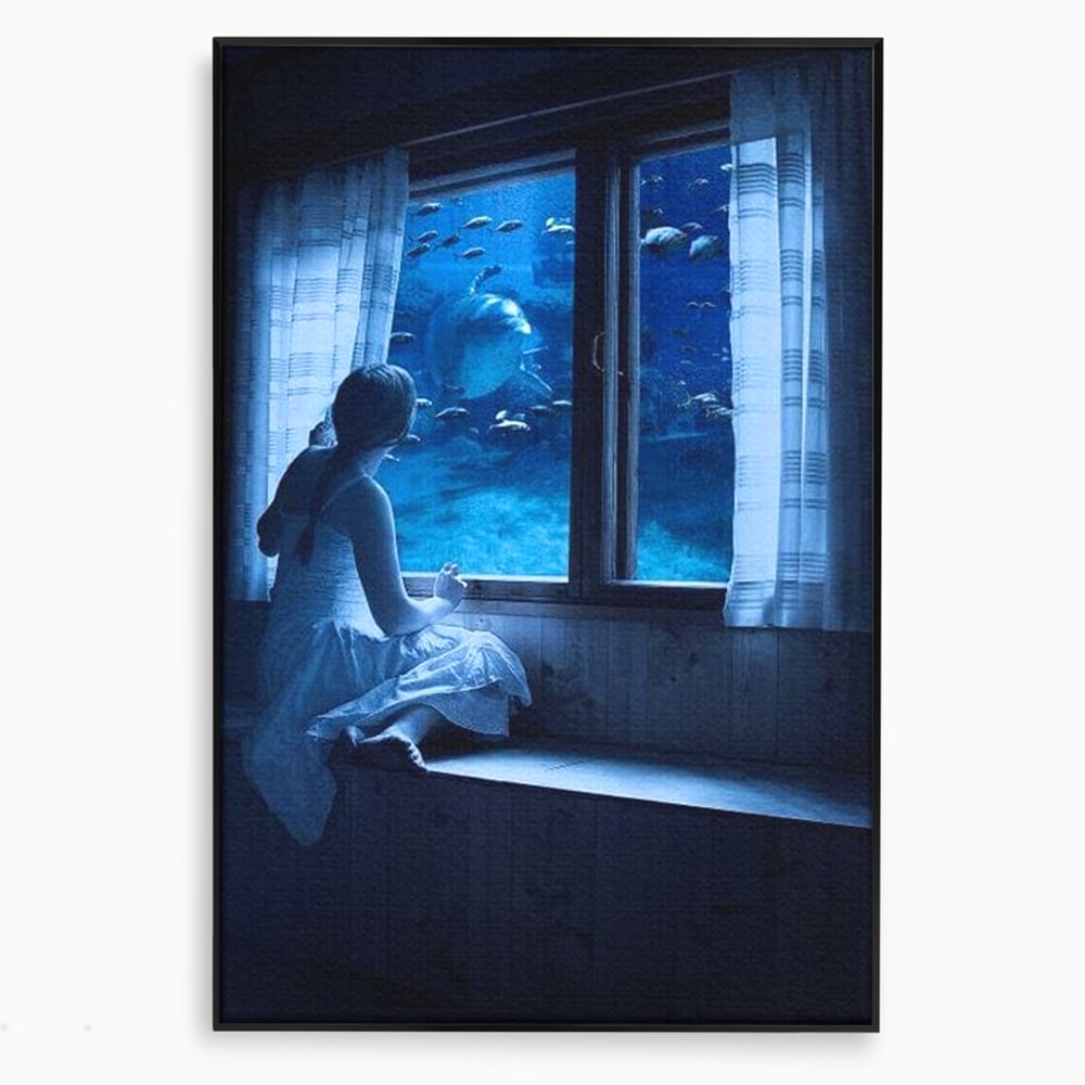 Leinwand Wandkunst Canvas Premium, LuxCanva® M1419, Dialog mit dem Ozean, Fenster, Kind, Fisch, Delphin, Aquarium, Neugier, Neugierde, Tief, Faszinierend, Geschichte, Traum, Büro, Wohnzimmer, Kinderzimmer