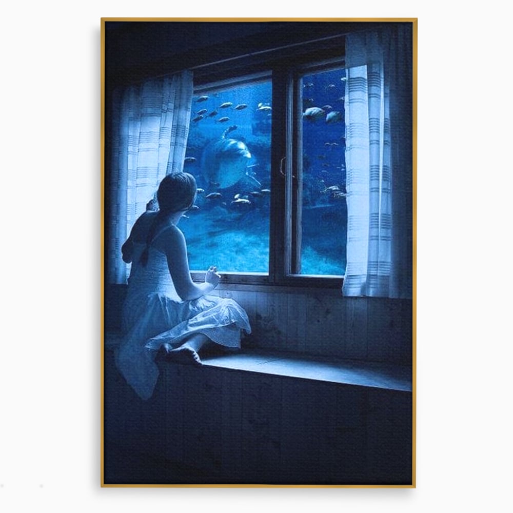 Leinwand Wandkunst Canvas Premium, LuxCanva® M1419, Dialog mit dem Ozean, Fenster, Kind, Fisch, Delphin, Aquarium, Neugier, Neugierde, Tief, Faszinierend, Geschichte, Traum, Büro, Wohnzimmer, Kinderzimmer