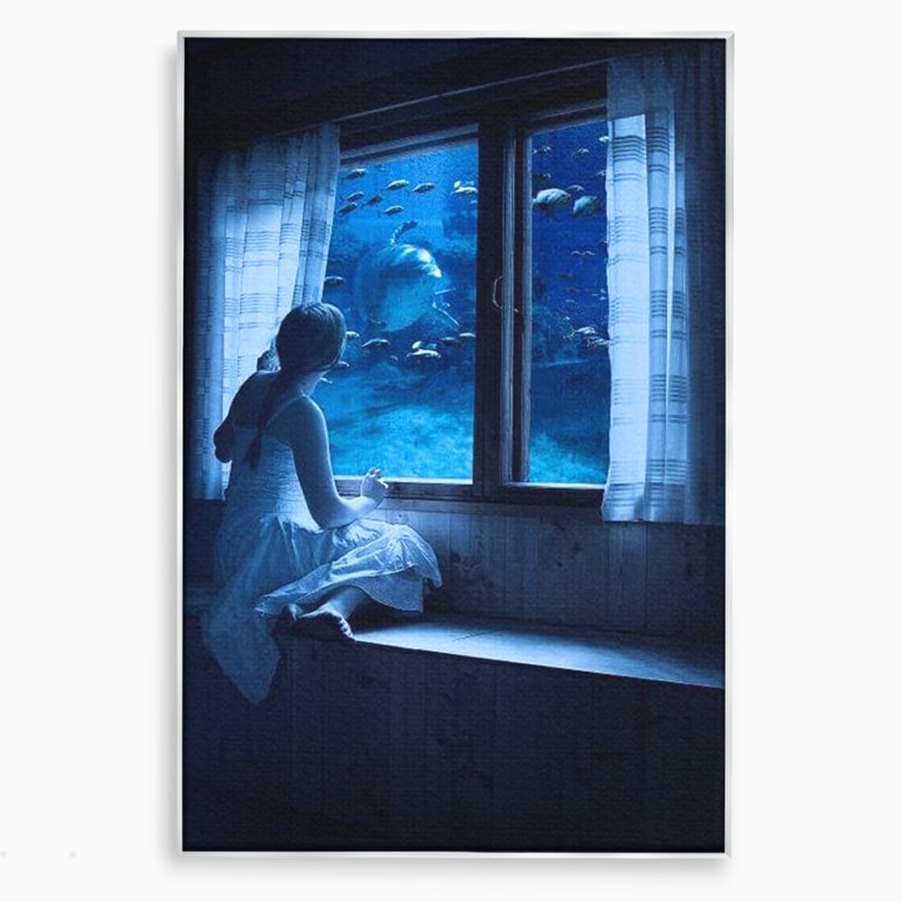 Leinwand Wandkunst Canvas Premium, LuxCanva® M1419, Dialog mit dem Ozean, Fenster, Kind, Fisch, Delphin, Aquarium, Neugier, Neugierde, Tief, Faszinierend, Geschichte, Traum, Büro, Wohnzimmer, Kinderzimmer
