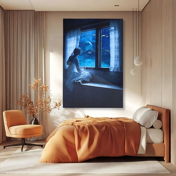 Leinwand Wandkunst Canvas Premium, LuxCanva® M1419, Dialog mit dem Ozean, Fenster, Kind, Fisch, Delphin, Aquarium, Neugier, Neugierde, Tief, Faszinierend, Geschichte, Traum, Büro, Wohnzimmer, Kinderzimmer