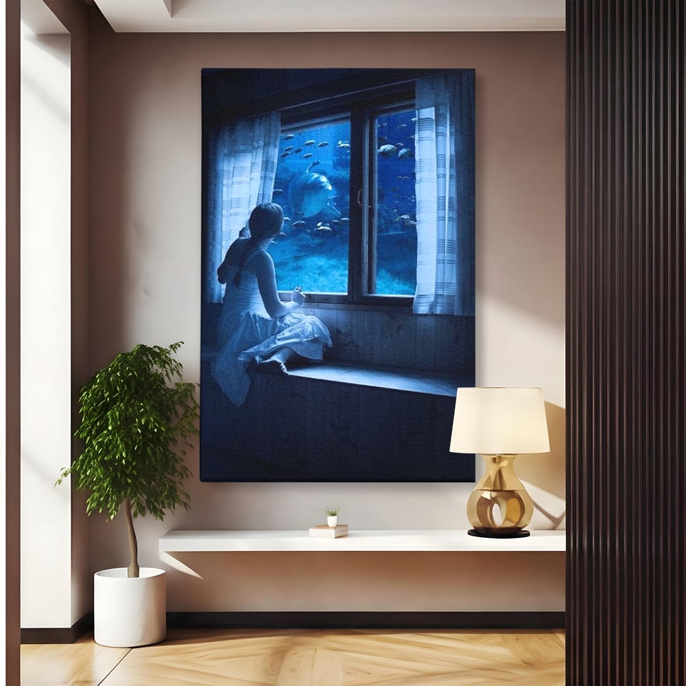 Leinwand Wandkunst Canvas Premium, LuxCanva® M1419, Dialog mit dem Ozean, Fenster, Kind, Fisch, Delphin, Aquarium, Neugier, Neugierde, Tief, Faszinierend, Geschichte, Traum, Büro, Wohnzimmer, Kinderzimmer