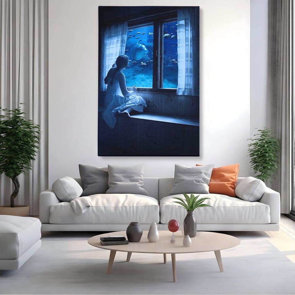 Leinwand Wandkunst Canvas Premium, LuxCanva® M1419, Dialog mit dem Ozean, Fenster, Kind, Fisch, Delphin, Aquarium, Neugier, Neugierde, Tief, Faszinierend, Geschichte, Traum, Büro, Wohnzimmer, Kinderzimmer