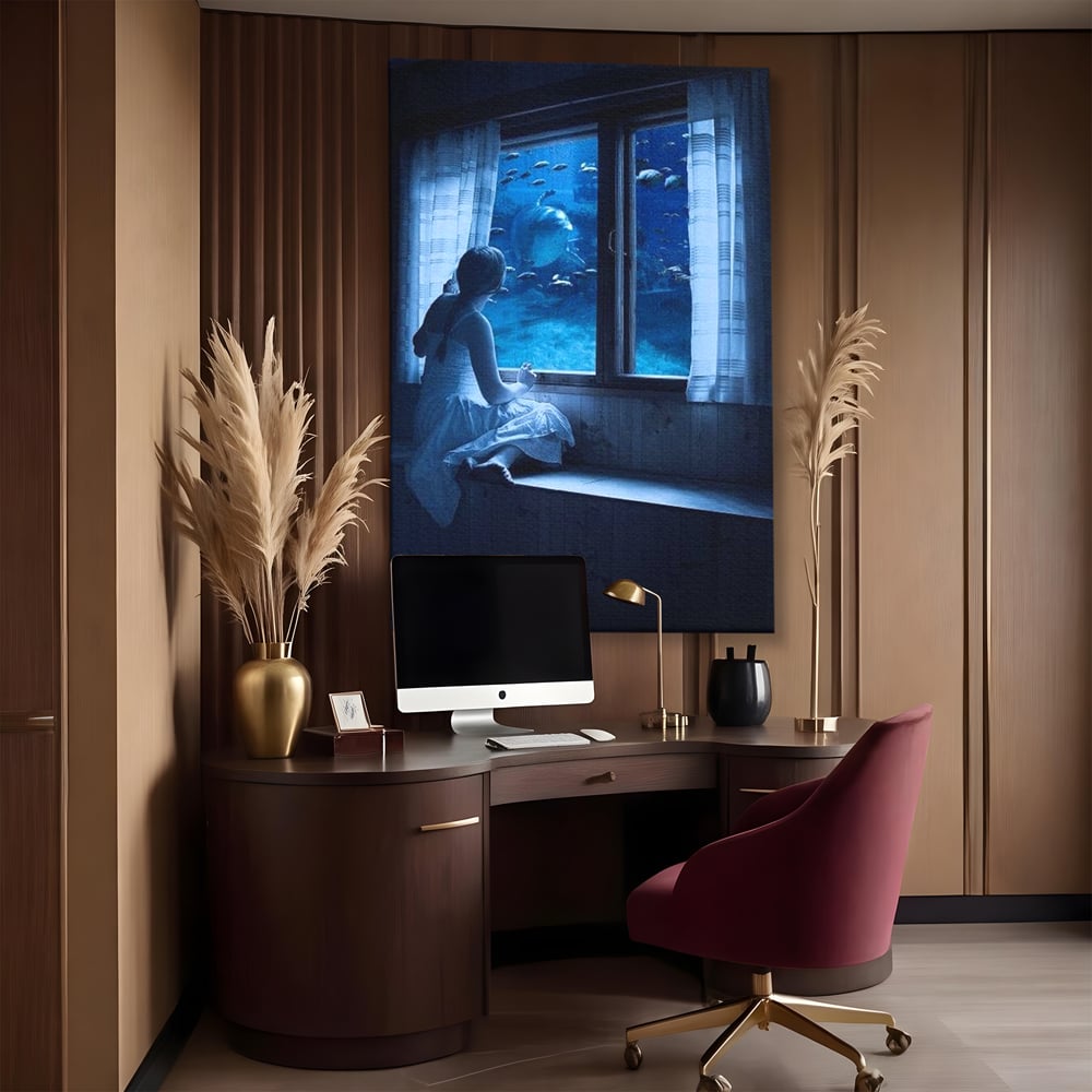 Leinwand Wandkunst Canvas Premium, LuxCanva® M1419, Dialog mit dem Ozean, Fenster, Kind, Fisch, Delphin, Aquarium, Neugier, Neugierde, Tief, Faszinierend, Geschichte, Traum, Büro, Wohnzimmer, Kinderzimmer