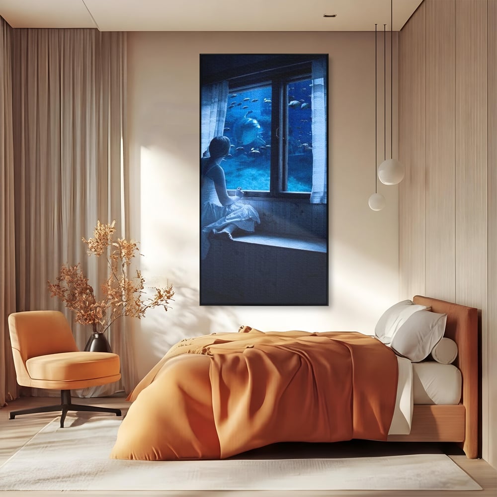 Leinwand Wandkunst Canvas Premium, LuxCanva® M1419, Dialog mit dem Ozean, Fenster, Kind, Fisch, Delphin, Aquarium, Neugier, Neugierde, Tief, Faszinierend, Geschichte, Traum, Büro, Wohnzimmer, Kinderzimmer
