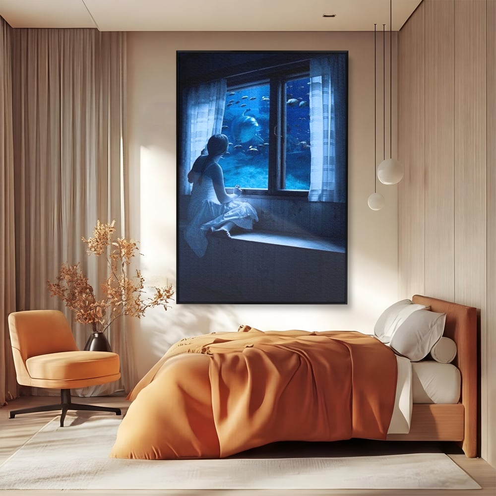Leinwand Wandkunst Canvas Premium, LuxCanva® M1419, Dialog mit dem Ozean, Fenster, Kind, Fisch, Delphin, Aquarium, Neugier, Neugierde, Tief, Faszinierend, Geschichte, Traum, Büro, Wohnzimmer, Kinderzimmer