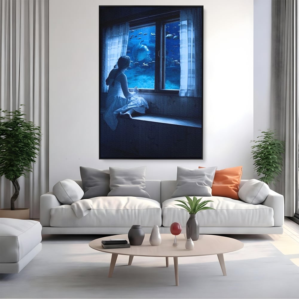 Leinwand Wandkunst Canvas Premium, LuxCanva® M1419, Dialog mit dem Ozean, Fenster, Kind, Fisch, Delphin, Aquarium, Neugier, Neugierde, Tief, Faszinierend, Geschichte, Traum, Büro, Wohnzimmer, Kinderzimmer