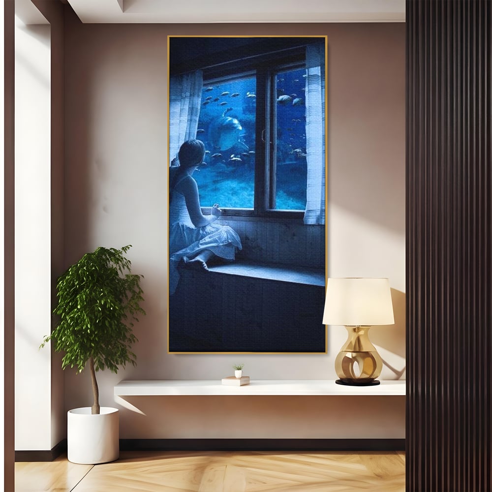 Leinwand Wandkunst Canvas Premium, LuxCanva® M1419, Dialog mit dem Ozean, Fenster, Kind, Fisch, Delphin, Aquarium, Neugier, Neugierde, Tief, Faszinierend, Geschichte, Traum, Büro, Wohnzimmer, Kinderzimmer