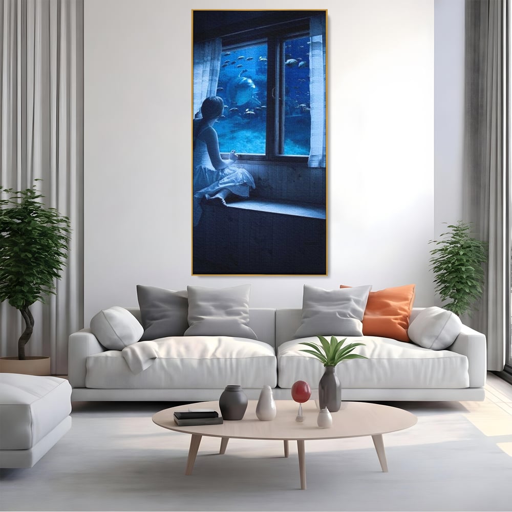 Leinwand Wandkunst Canvas Premium, LuxCanva® M1419, Dialog mit dem Ozean, Fenster, Kind, Fisch, Delphin, Aquarium, Neugier, Neugierde, Tief, Faszinierend, Geschichte, Traum, Büro, Wohnzimmer, Kinderzimmer