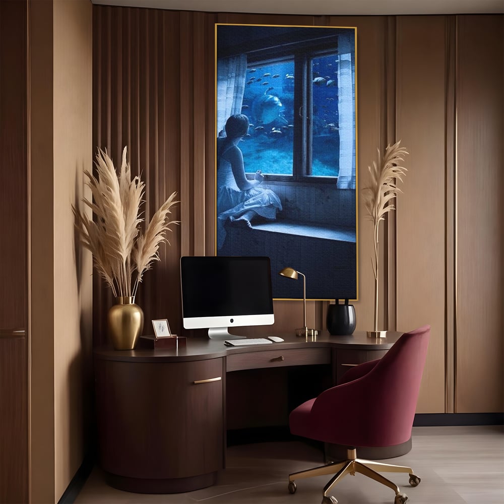 Leinwand Wandkunst Canvas Premium, LuxCanva® M1419, Dialog mit dem Ozean, Fenster, Kind, Fisch, Delphin, Aquarium, Neugier, Neugierde, Tief, Faszinierend, Geschichte, Traum, Büro, Wohnzimmer, Kinderzimmer