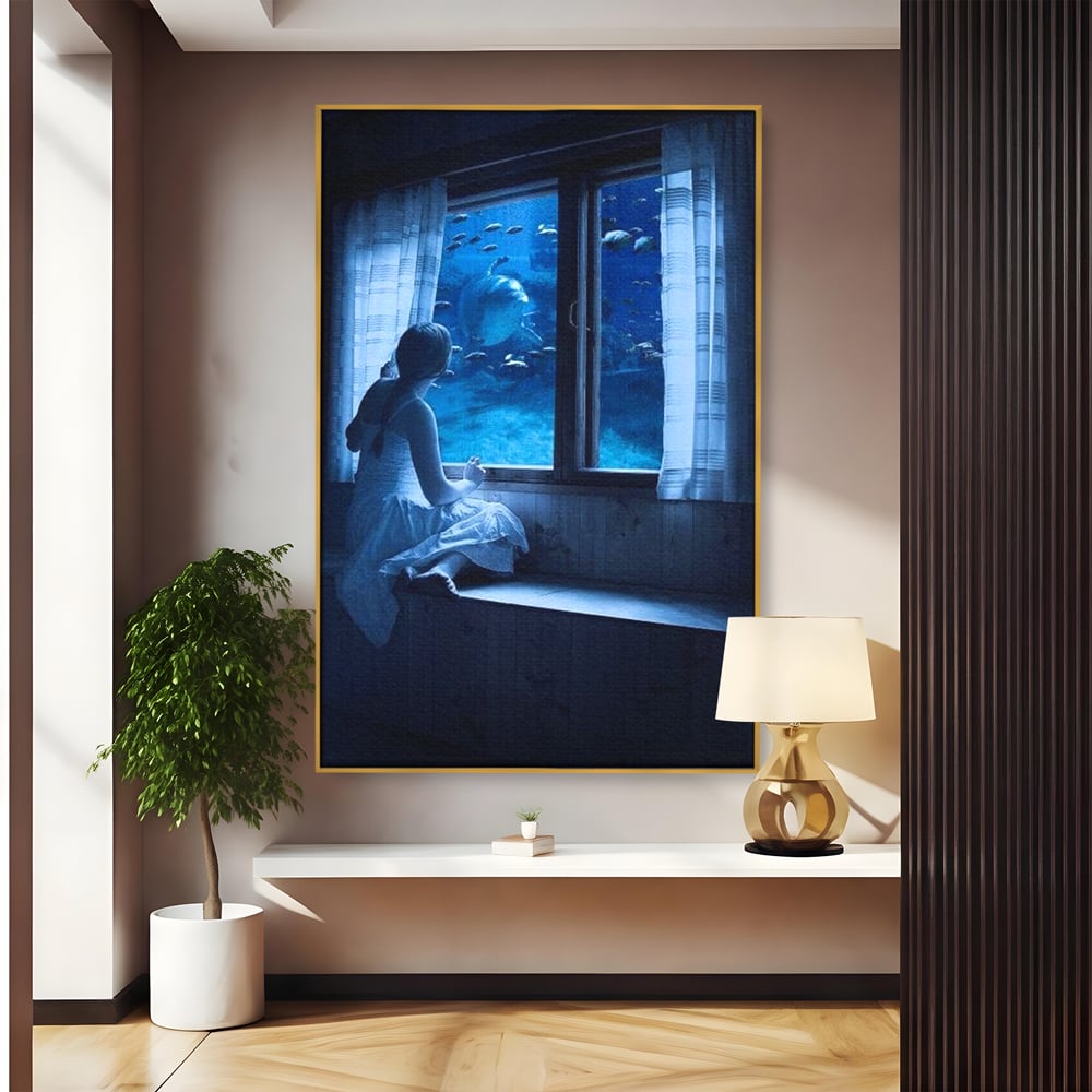 Leinwand Wandkunst Canvas Premium, LuxCanva® M1419, Dialog mit dem Ozean, Fenster, Kind, Fisch, Delphin, Aquarium, Neugier, Neugierde, Tief, Faszinierend, Geschichte, Traum, Büro, Wohnzimmer, Kinderzimmer