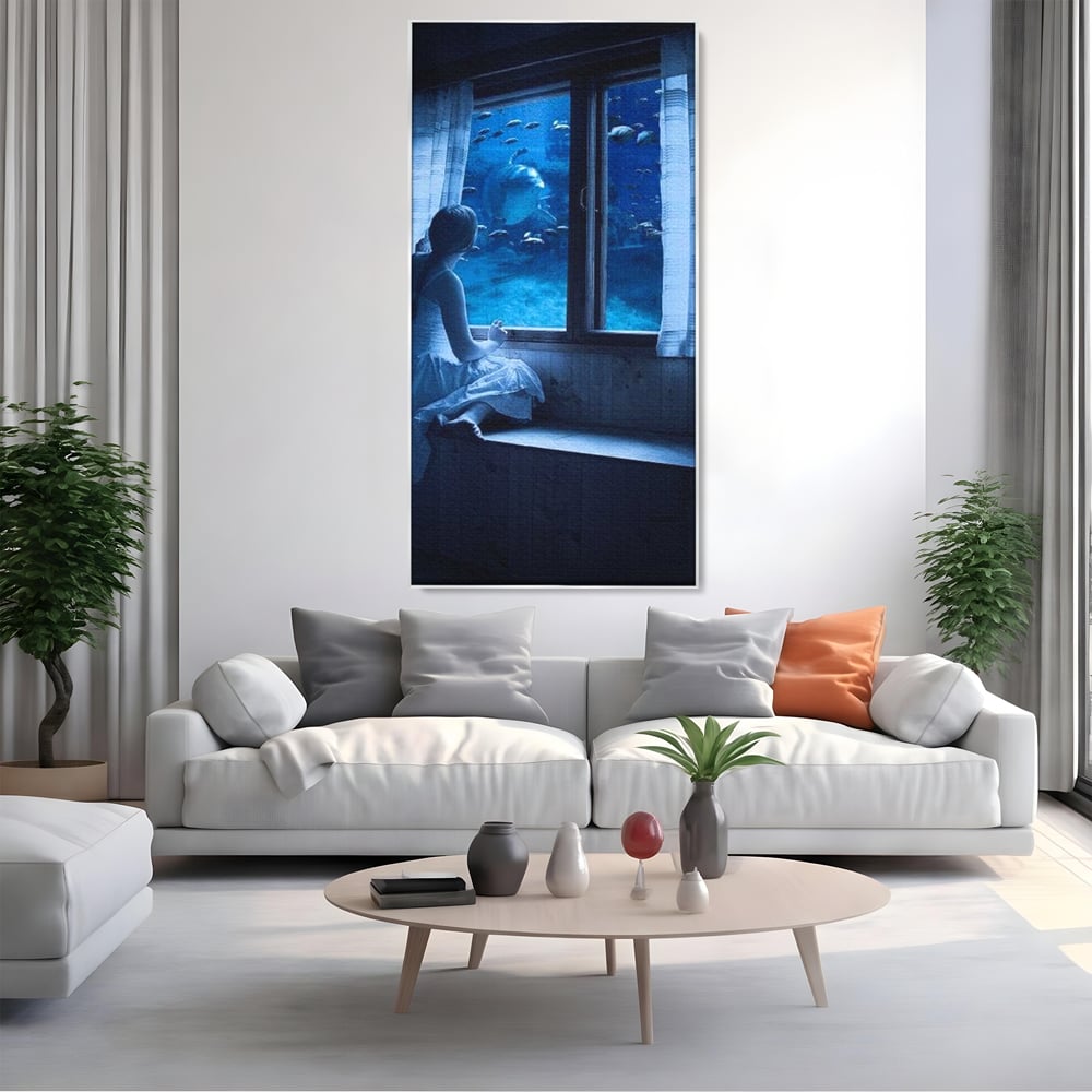 Leinwand Wandkunst Canvas Premium, LuxCanva® M1419, Dialog mit dem Ozean, Fenster, Kind, Fisch, Delphin, Aquarium, Neugier, Neugierde, Tief, Faszinierend, Geschichte, Traum, Büro, Wohnzimmer, Kinderzimmer