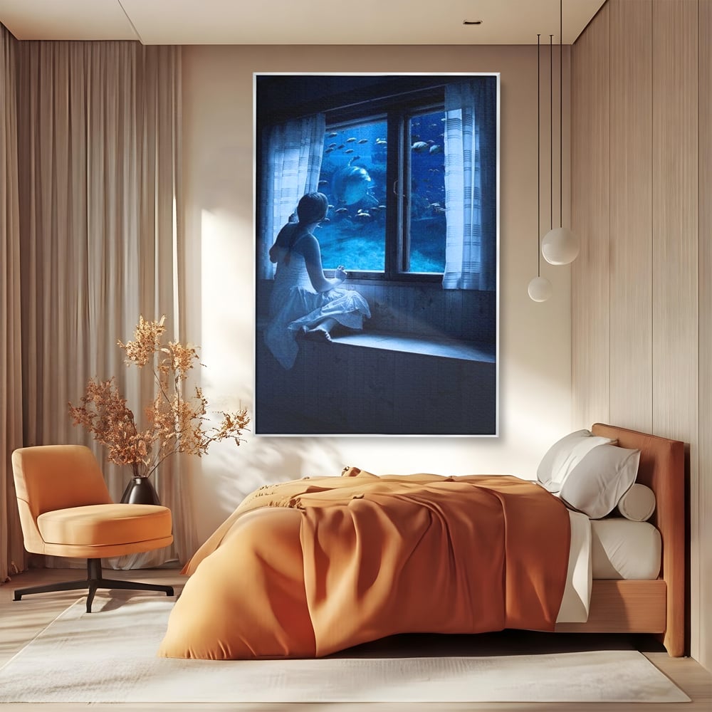 Leinwand Wandkunst Canvas Premium, LuxCanva® M1419, Dialog mit dem Ozean, Fenster, Kind, Fisch, Delphin, Aquarium, Neugier, Neugierde, Tief, Faszinierend, Geschichte, Traum, Büro, Wohnzimmer, Kinderzimmer