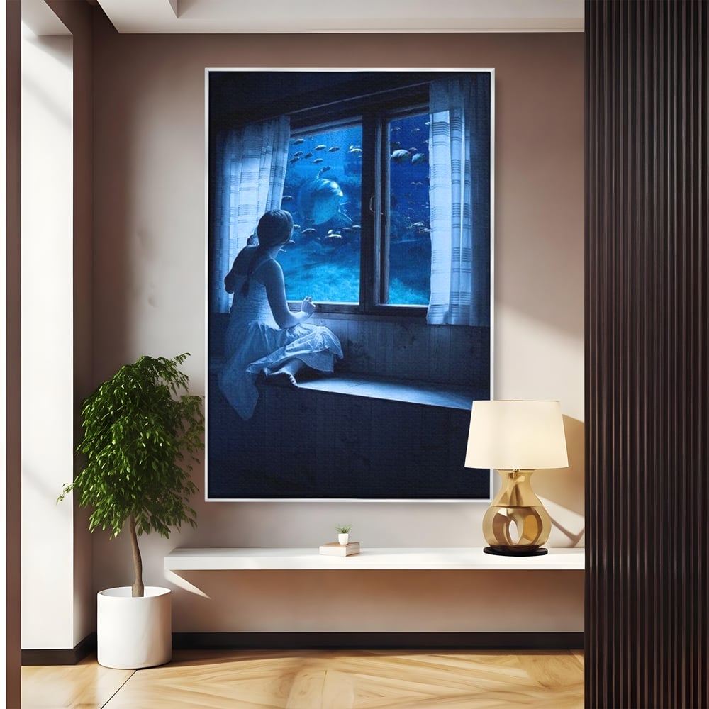 Leinwand Wandkunst Canvas Premium, LuxCanva® M1419, Dialog mit dem Ozean, Fenster, Kind, Fisch, Delphin, Aquarium, Neugier, Neugierde, Tief, Faszinierend, Geschichte, Traum, Büro, Wohnzimmer, Kinderzimmer
