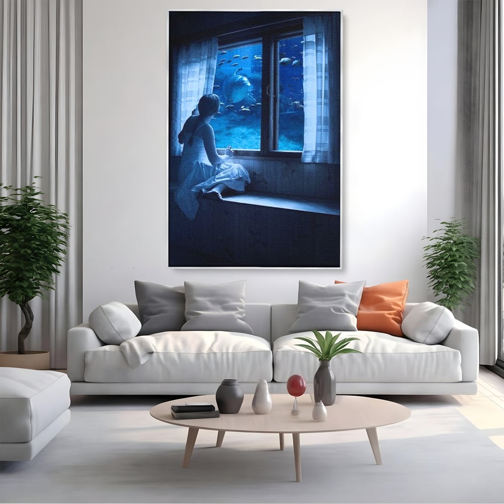 Leinwand Wandkunst Canvas Premium, LuxCanva® M1419, Dialog mit dem Ozean, Fenster, Kind, Fisch, Delphin, Aquarium, Neugier, Neugierde, Tief, Faszinierend, Geschichte, Traum, Büro, Wohnzimmer, Kinderzimmer