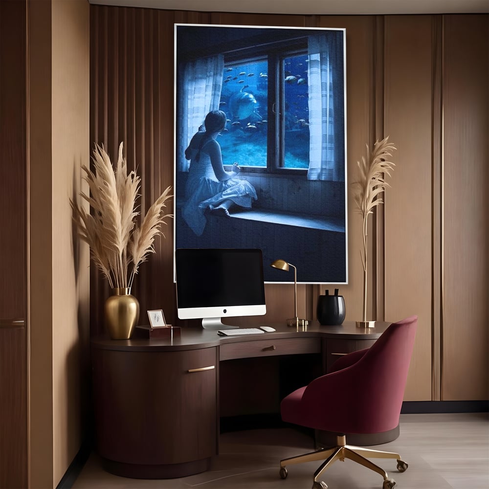 Leinwand Wandkunst Canvas Premium, LuxCanva® M1419, Dialog mit dem Ozean, Fenster, Kind, Fisch, Delphin, Aquarium, Neugier, Neugierde, Tief, Faszinierend, Geschichte, Traum, Büro, Wohnzimmer, Kinderzimmer