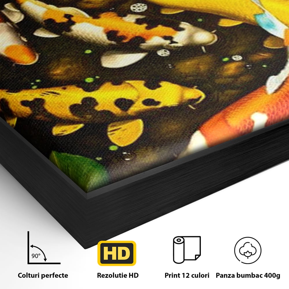 Tablou Canvas Premium, LuxCanva® M1420, Un Iaz Norocos, Pesti, Koi, Apa, Abundenta, Multicolor, Nuferi, Zen, Pietre, Natura, Armonie, Birou, Living, Camera Copil