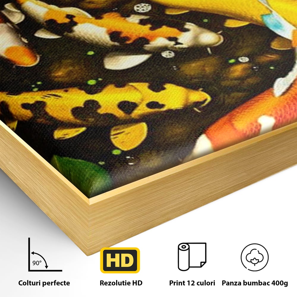 Tablou Canvas Premium, LuxCanva® M1420, Un Iaz Norocos, Pesti, Koi, Apa, Abundenta, Multicolor, Nuferi, Zen, Pietre, Natura, Armonie, Birou, Living, Camera Copil