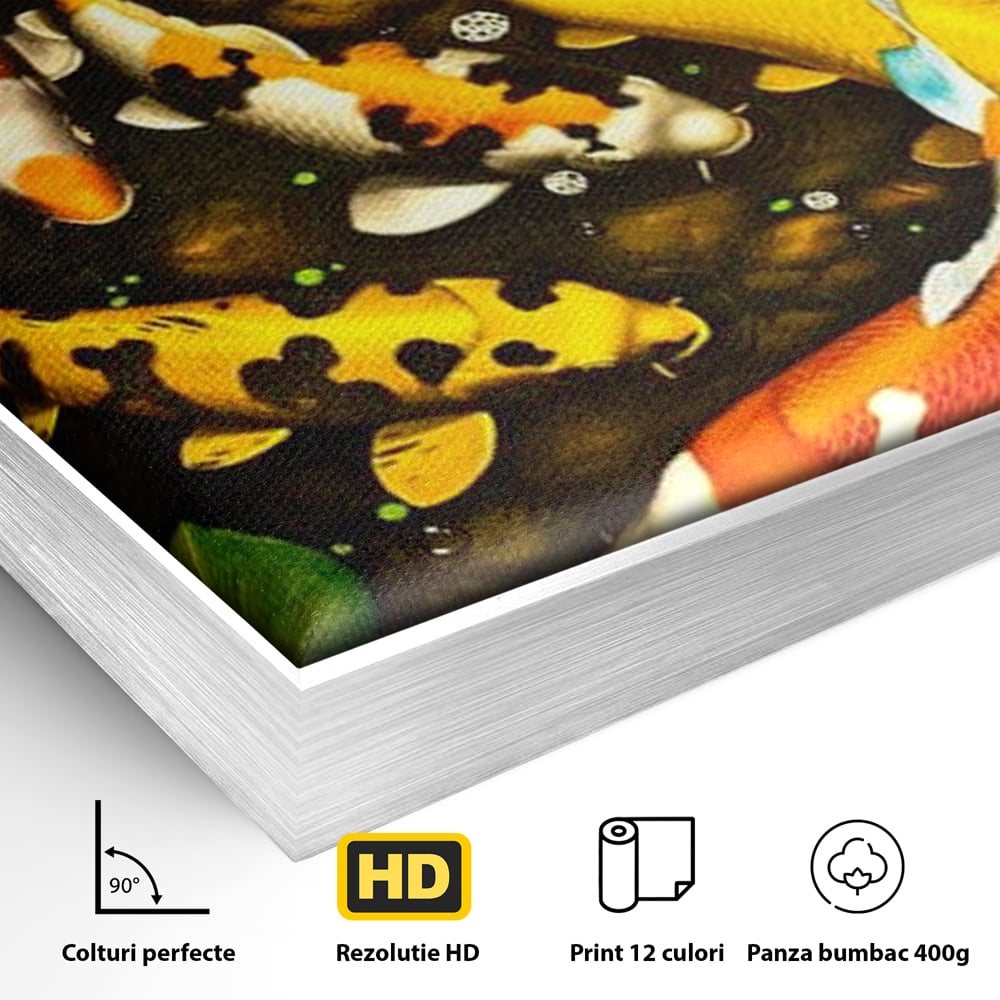 Tablou Canvas Premium, LuxCanva® M1420, Un Iaz Norocos, Pesti, Koi, Apa, Abundenta, Multicolor, Nuferi, Zen, Pietre, Natura, Armonie, Birou, Living, Camera Copil