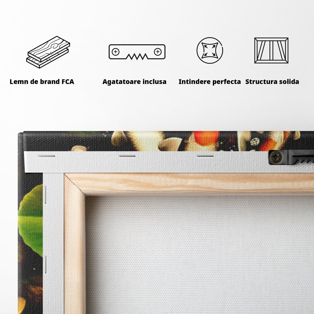Tablou Canvas Premium, LuxCanva® M1420, Un Iaz Norocos, Pesti, Koi, Apa, Abundenta, Multicolor, Nuferi, Zen, Pietre, Natura, Armonie, Birou, Living, Camera Copil