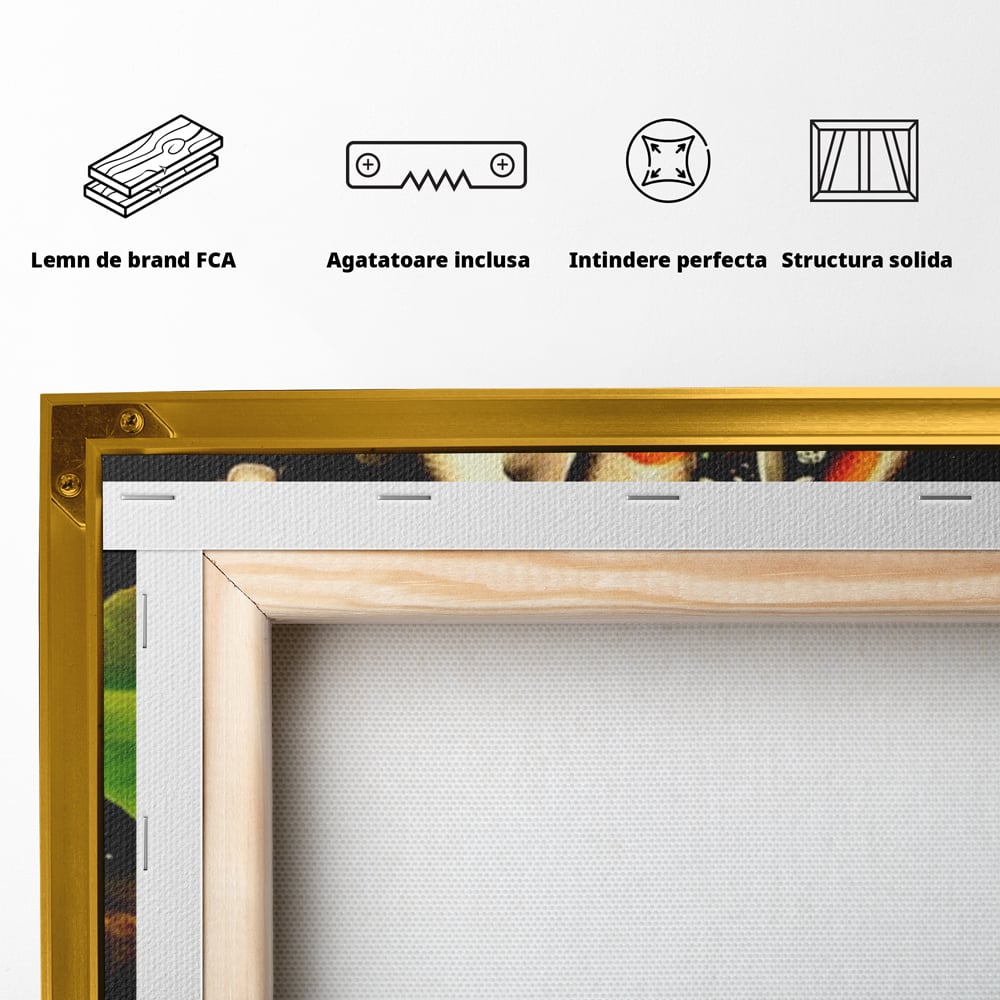 Tablou Canvas Premium, LuxCanva® M1420, Un Iaz Norocos, Pesti, Koi, Apa, Abundenta, Multicolor, Nuferi, Zen, Pietre, Natura, Armonie, Birou, Living, Camera Copil