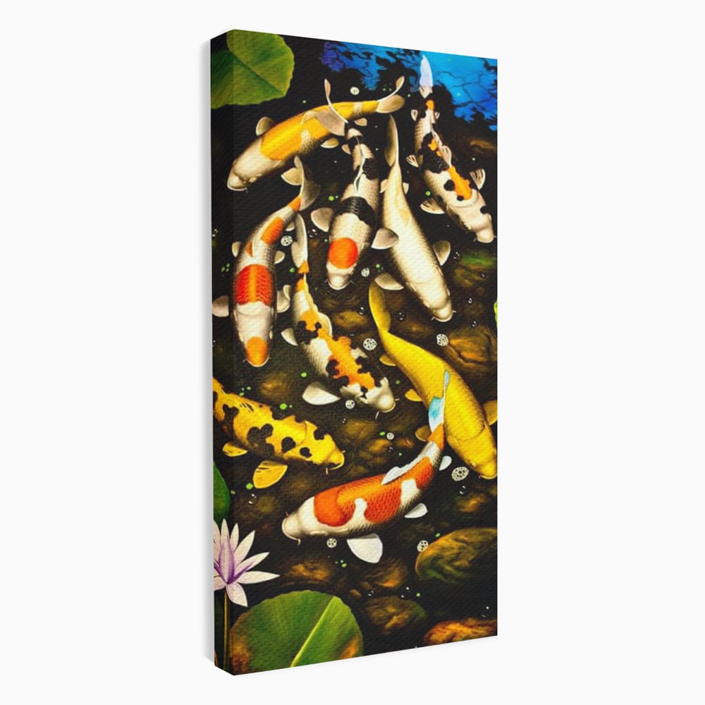 Tablou Canvas Premium, LuxCanva® M1420, Un Iaz Norocos, Pesti, Koi, Apa, Abundenta, Multicolor, Nuferi, Zen, Pietre, Natura, Armonie, Birou, Living, Camera Copil