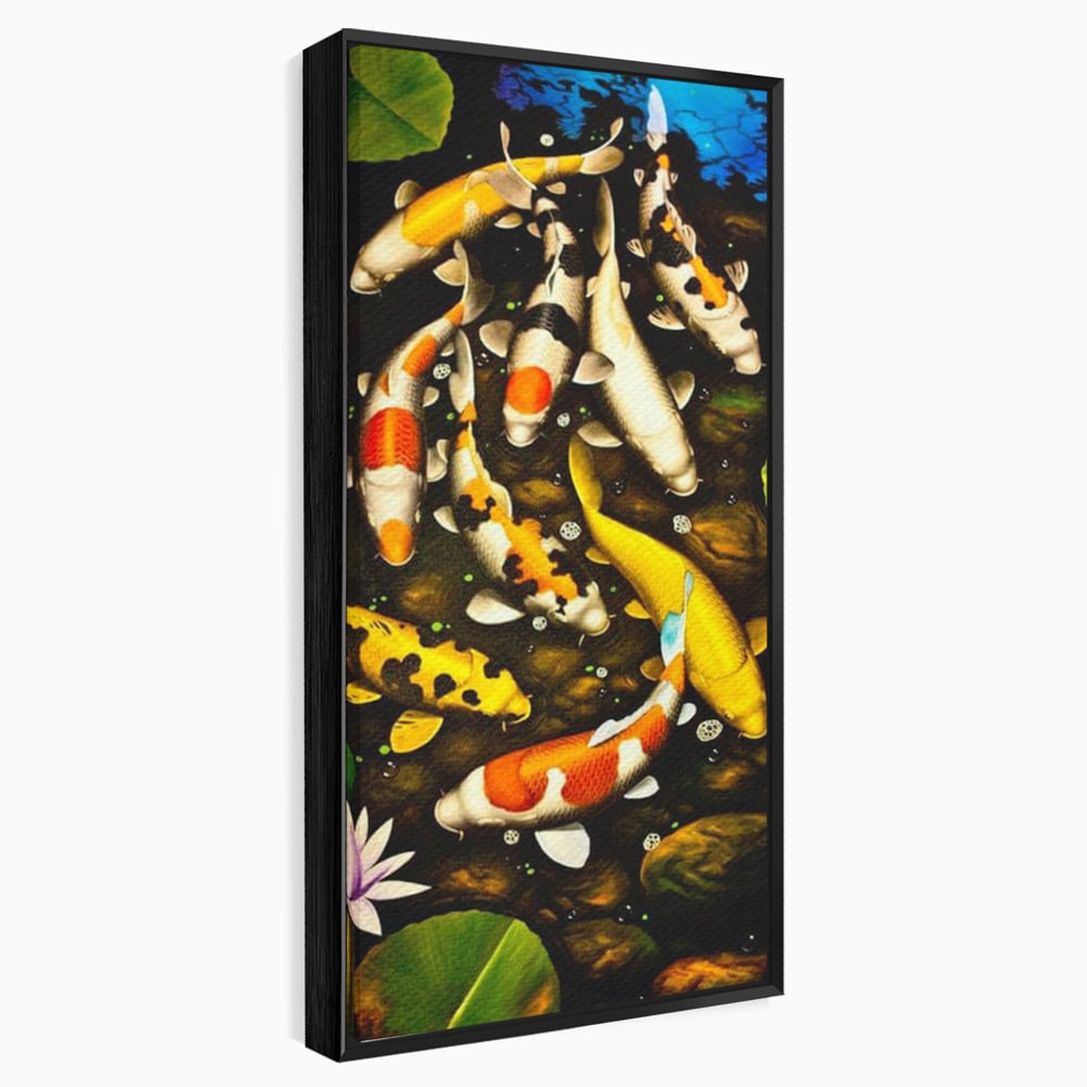 Tablou Canvas Premium, LuxCanva® M1420, Un Iaz Norocos, Pesti, Koi, Apa, Abundenta, Multicolor, Nuferi, Zen, Pietre, Natura, Armonie, Birou, Living, Camera Copil