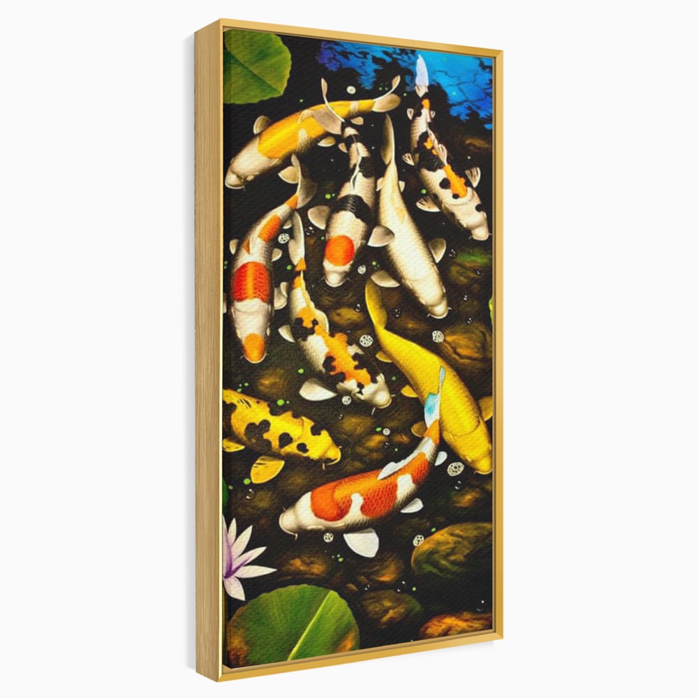 Tablou Canvas Premium, LuxCanva® M1420, Un Iaz Norocos, Pesti, Koi, Apa, Abundenta, Multicolor, Nuferi, Zen, Pietre, Natura, Armonie, Birou, Living, Camera Copil