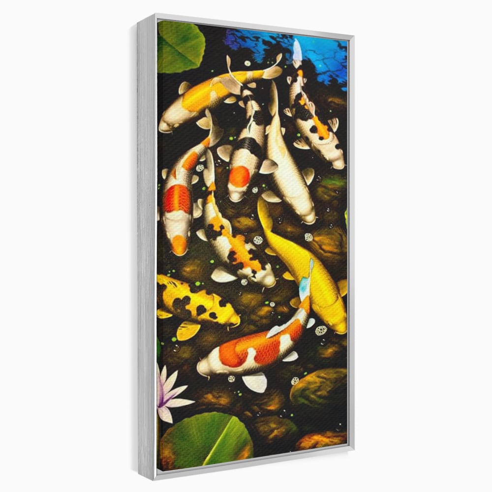 Tablou Canvas Premium, LuxCanva® M1420, Un Iaz Norocos, Pesti, Koi, Apa, Abundenta, Multicolor, Nuferi, Zen, Pietre, Natura, Armonie, Birou, Living, Camera Copil