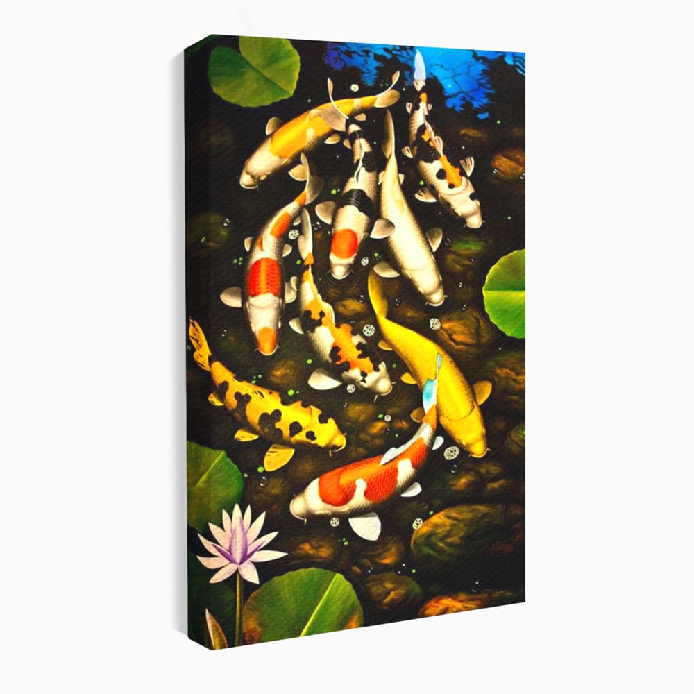 Tablou Canvas Premium, LuxCanva® M1420, Un Iaz Norocos, Pesti, Koi, Apa, Abundenta, Multicolor, Nuferi, Zen, Pietre, Natura, Armonie, Birou, Living, Camera Copil