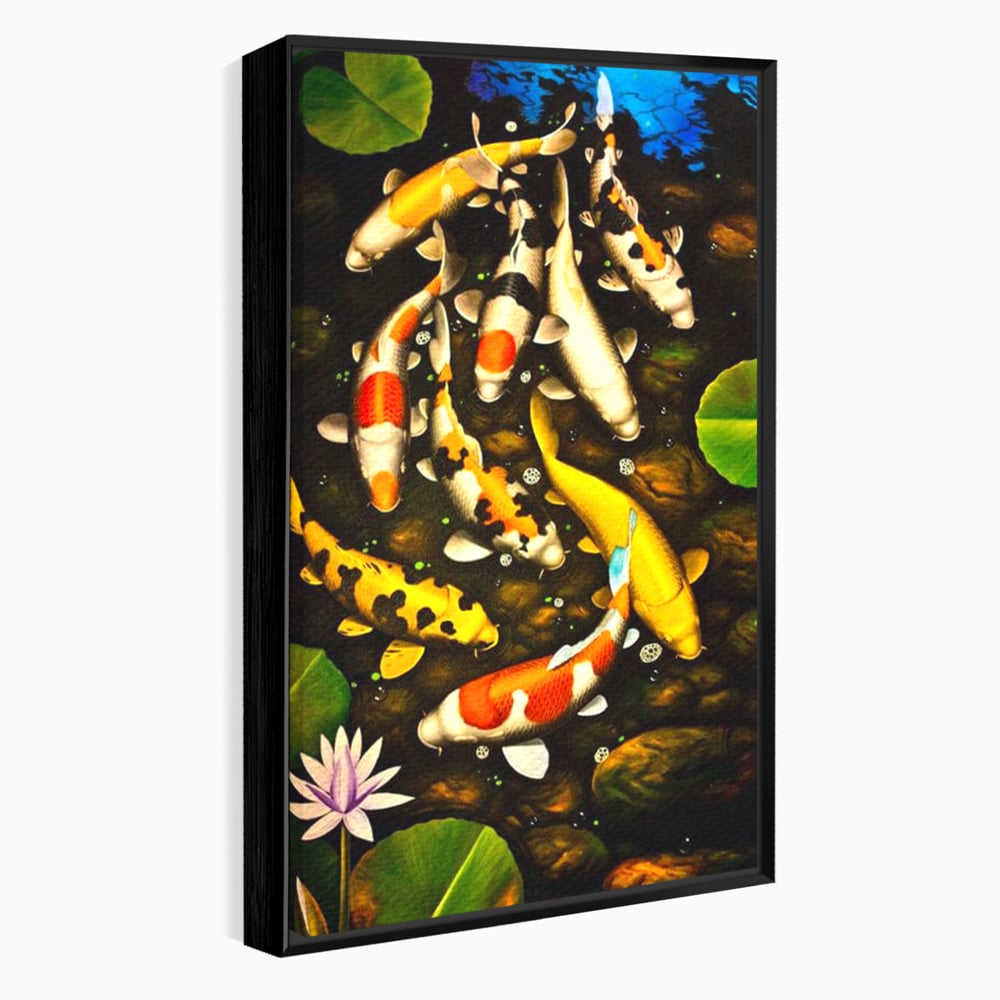 Tablou Canvas Premium, LuxCanva® M1420, Un Iaz Norocos, Pesti, Koi, Apa, Abundenta, Multicolor, Nuferi, Zen, Pietre, Natura, Armonie, Birou, Living, Camera Copil