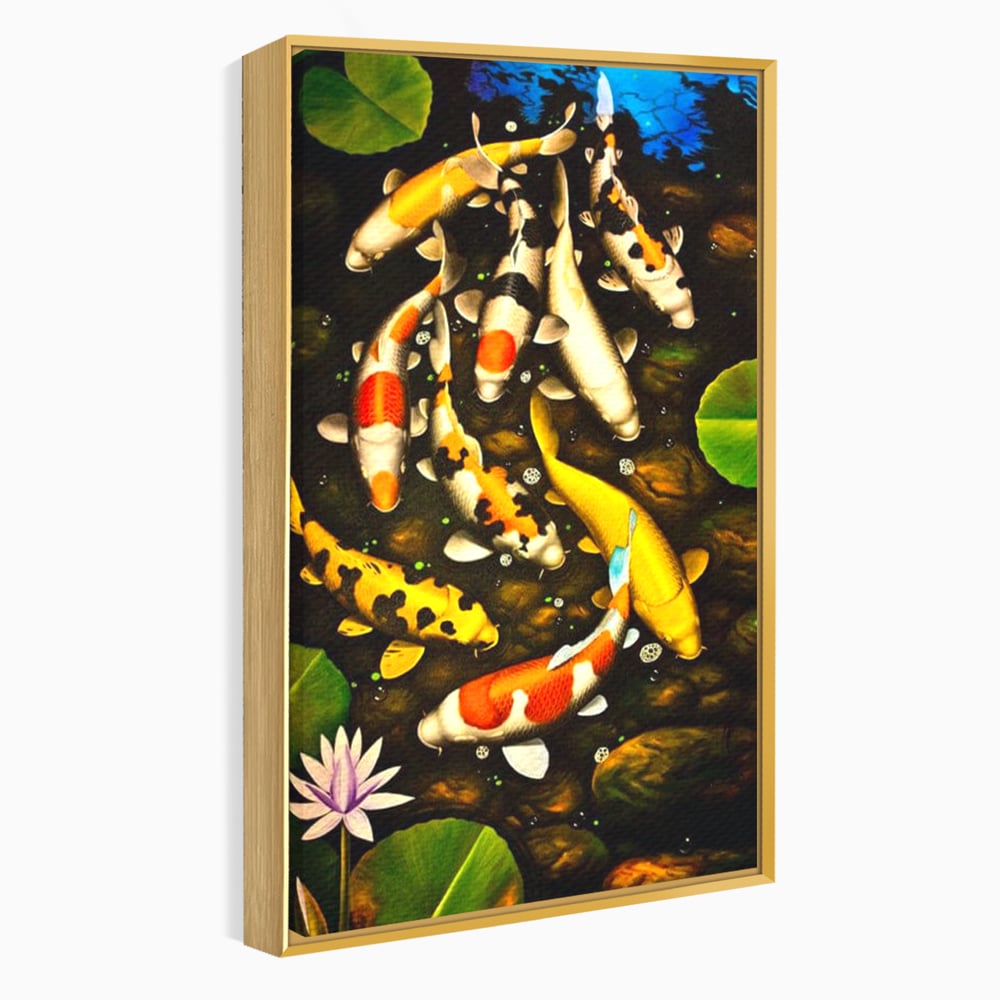 Tablou Canvas Premium, LuxCanva® M1420, Un Iaz Norocos, Pesti, Koi, Apa, Abundenta, Multicolor, Nuferi, Zen, Pietre, Natura, Armonie, Birou, Living, Camera Copil