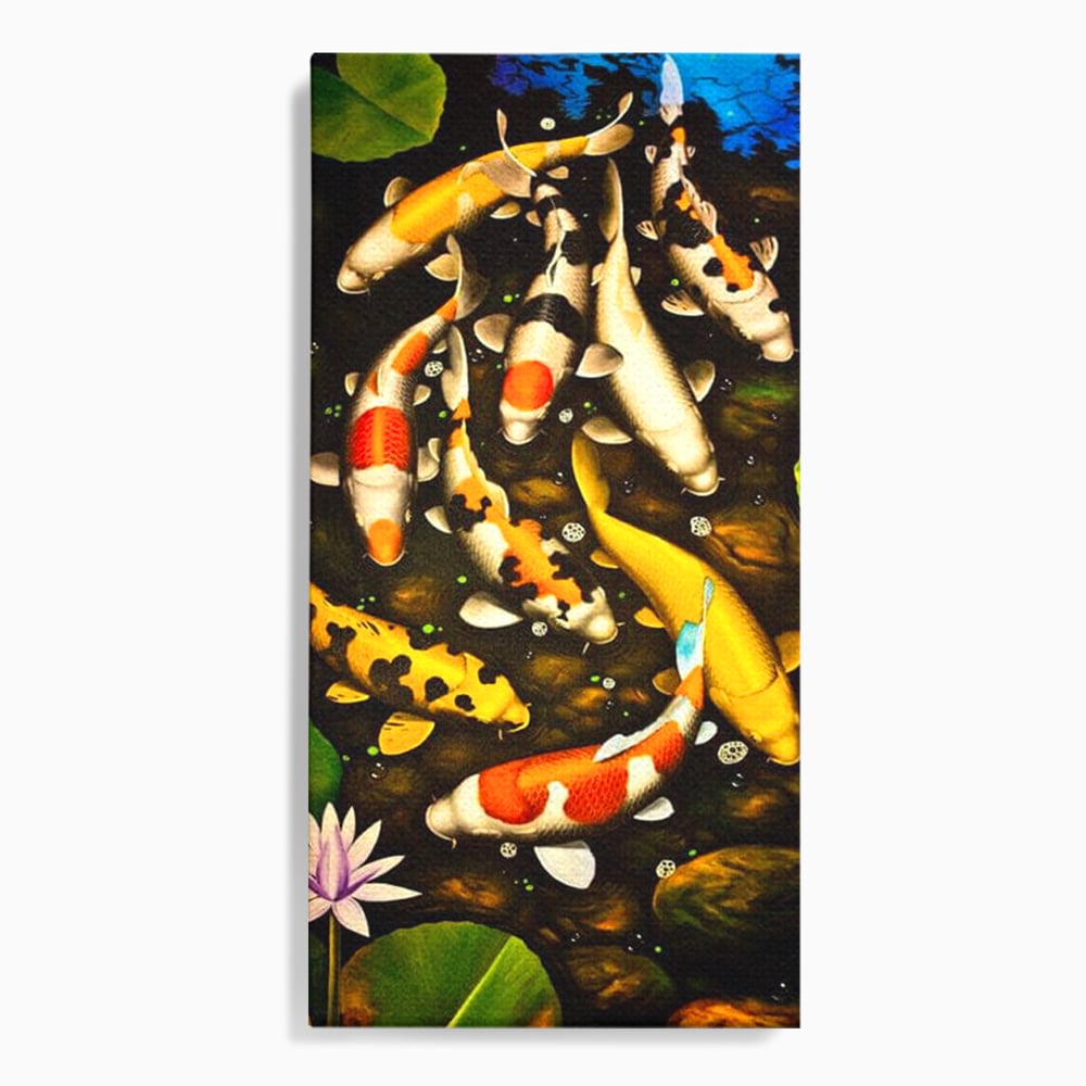 Tablou Canvas Premium, LuxCanva® M1420, Un Iaz Norocos, Pesti, Koi, Apa, Abundenta, Multicolor, Nuferi, Zen, Pietre, Natura, Armonie, Birou, Living, Camera Copil